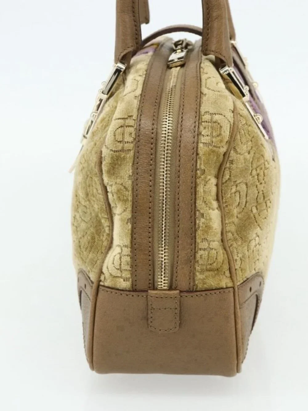 GUCCI Horsebit Boston Bag Velor Gold Beige 145770 Auth 176490V